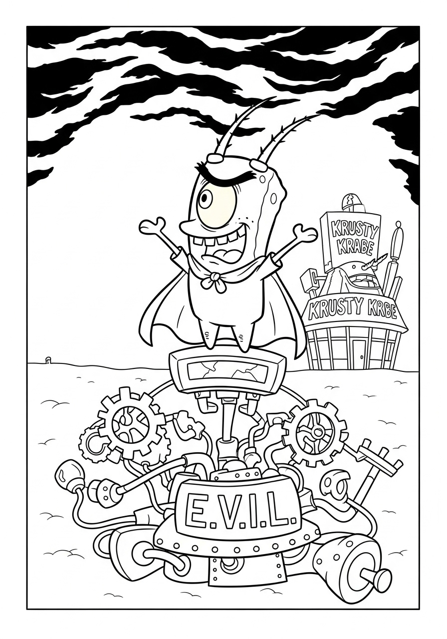 Desenho do Plankton em um cenário de robô para colorir