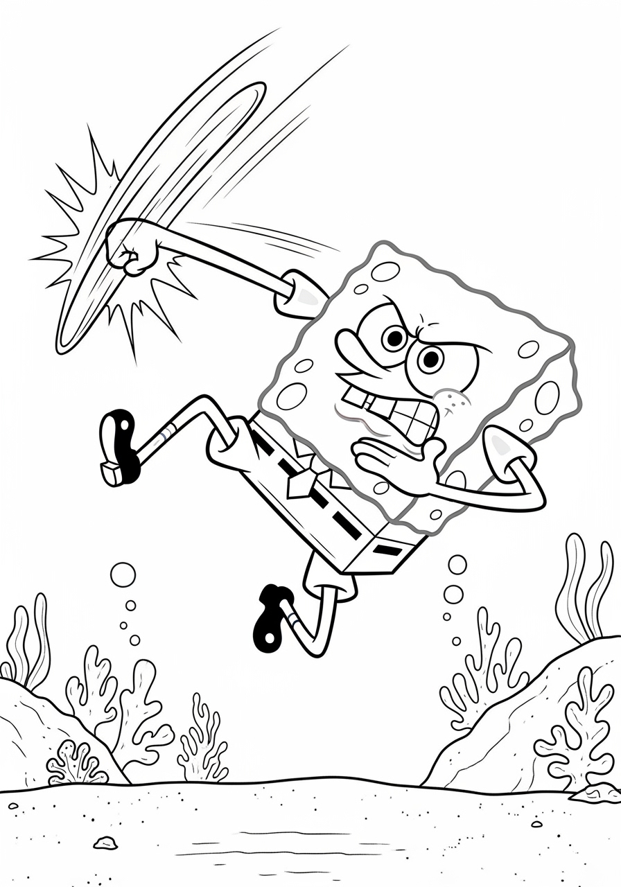 Desenho do Bob Esponja lutando contra um objeto para colorir