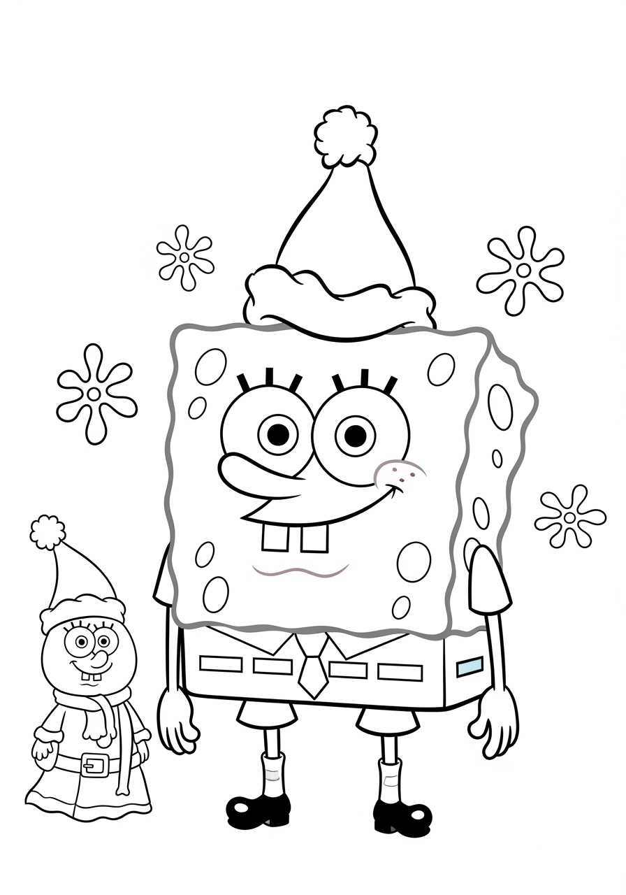 Desenho do Bob Esponja com gorro de natal e boneco de neve
