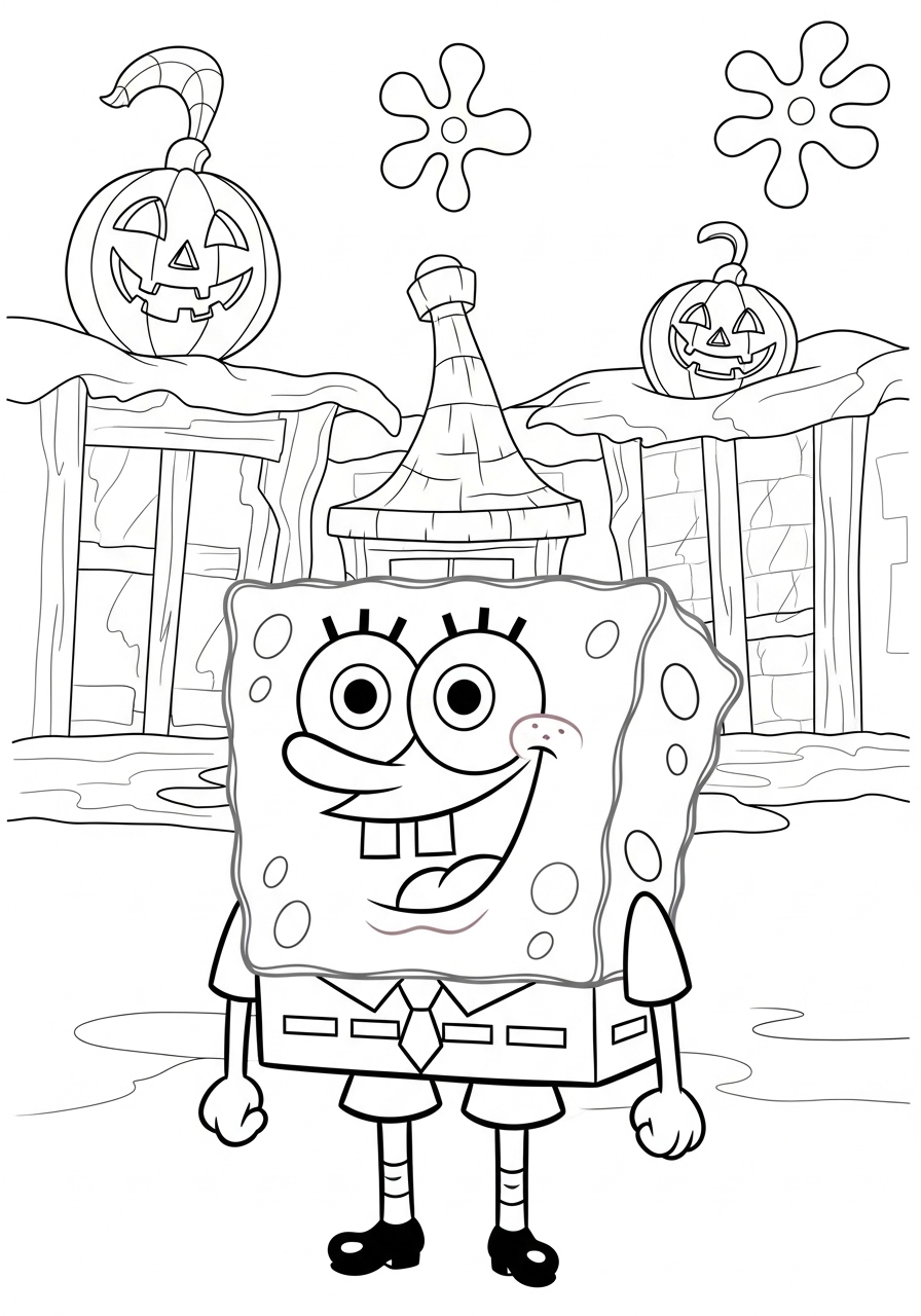 Desenho do Bob Esponja em cenário de Halloween para colorir