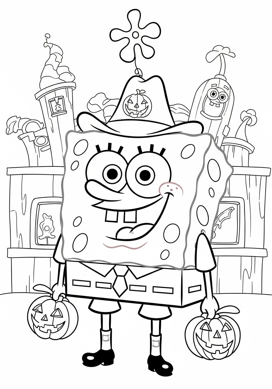 Desenho do Bob Esponja fantasiado de festa para colorir