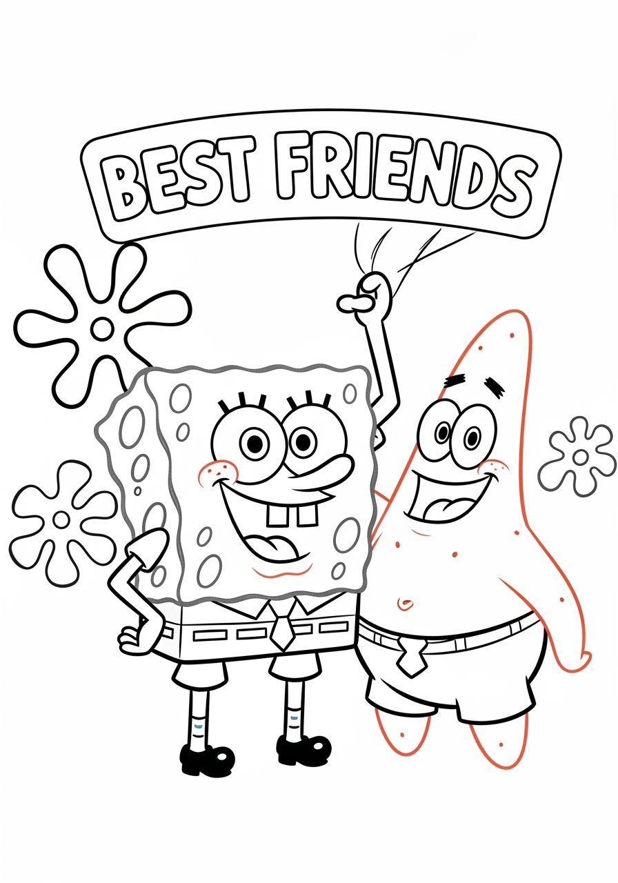 Desenho do Bob Esponja e Patrick com a frase amigos para colorir