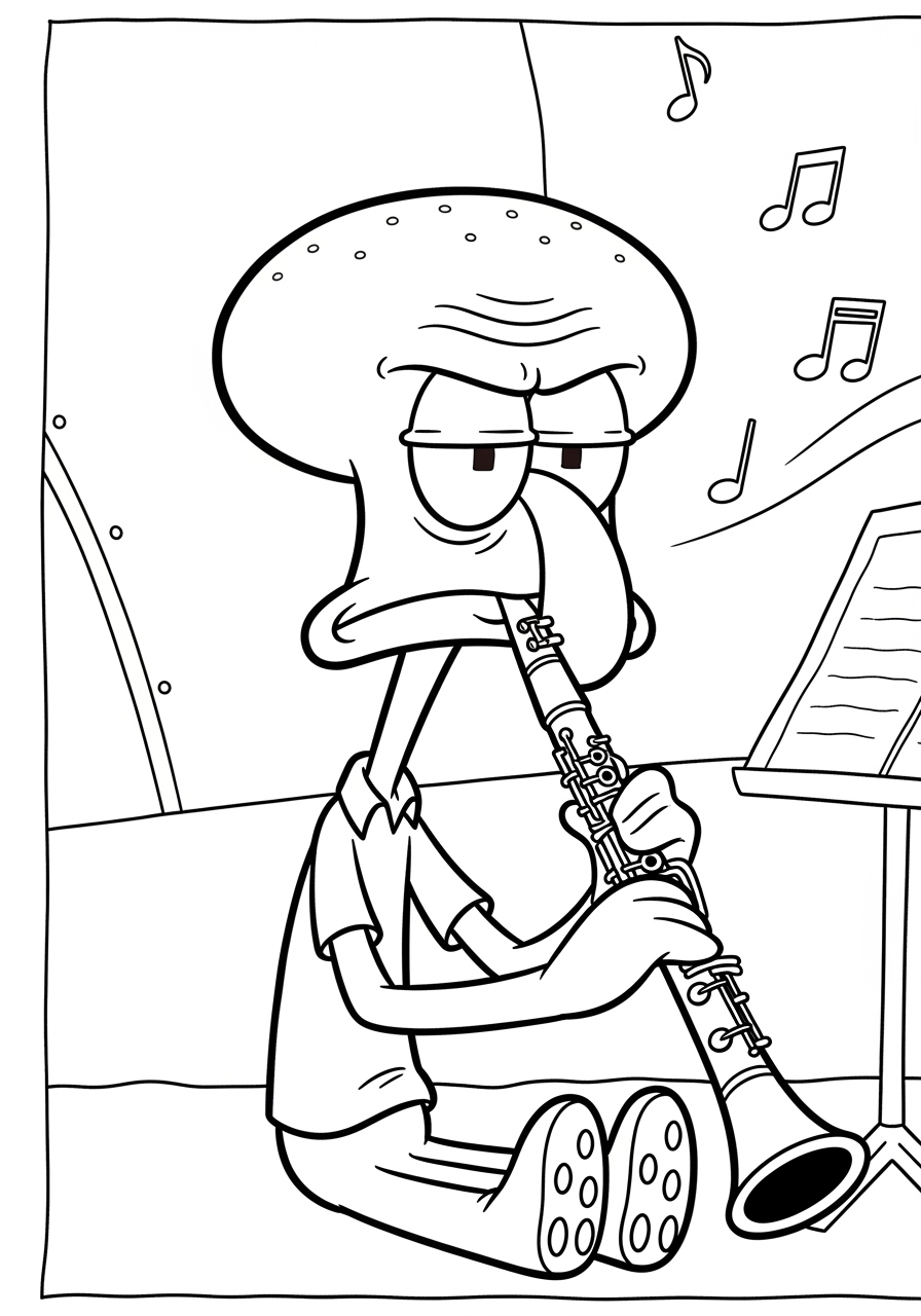 Desenho do Lula Molusco tocando clarinete para colorir