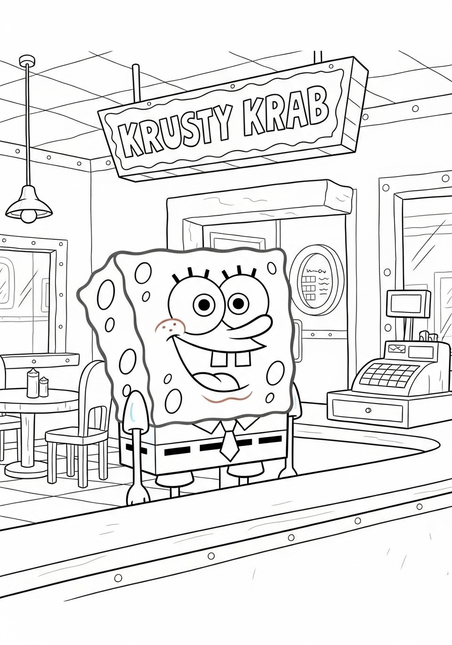 Desenho do Bob Esponja no restaurante Krusty Krab para colorir