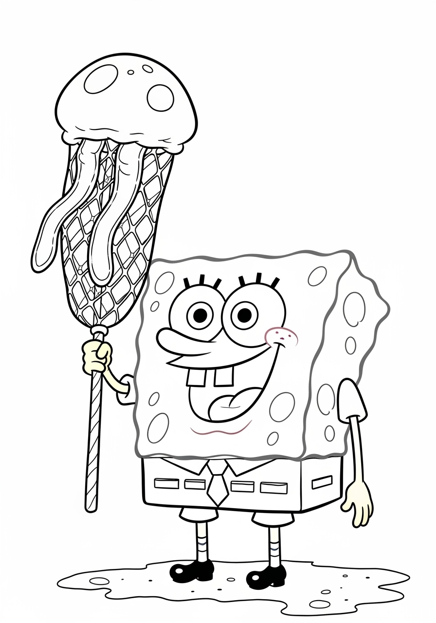 Desenho do Bob Esponja segurando uma rede para colorir