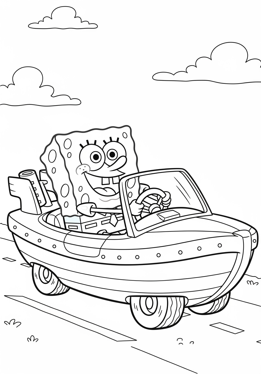 Desenho do Bob Esponja dirigindo um carro para colorir