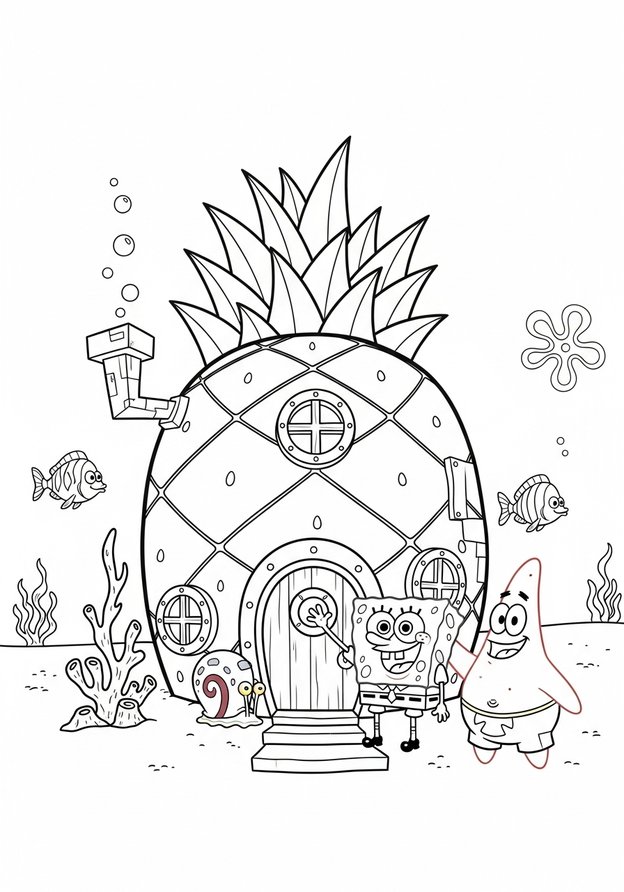 Desenho do Bob Esponja e Patrick em frente à casa abacaxi
