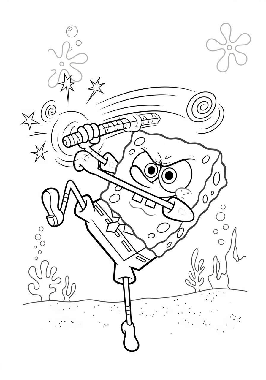 Desenho do Bob Esponja lutando com um bastão para colorir