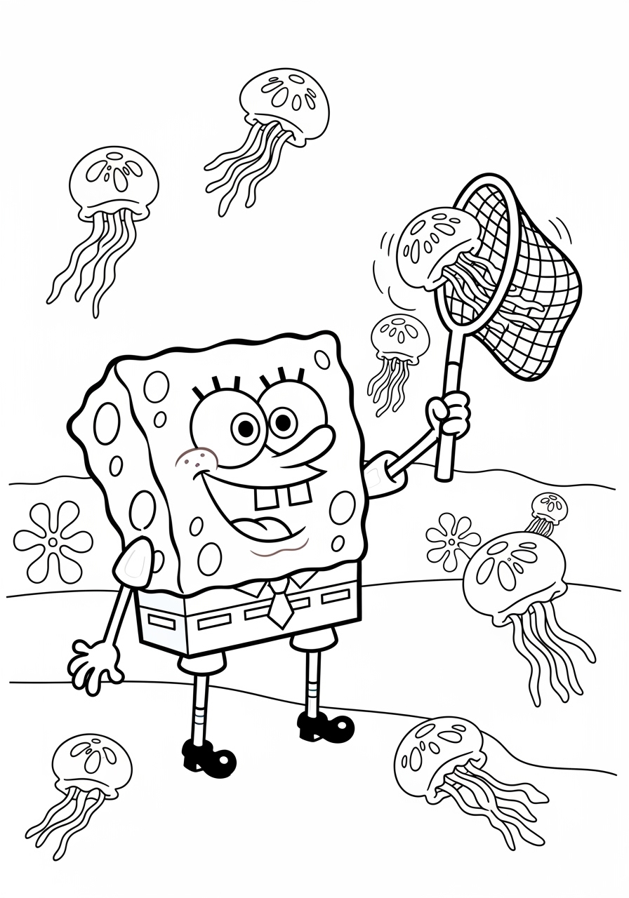 Desenho do Bob Esponja capturando águas-vivas para colorir