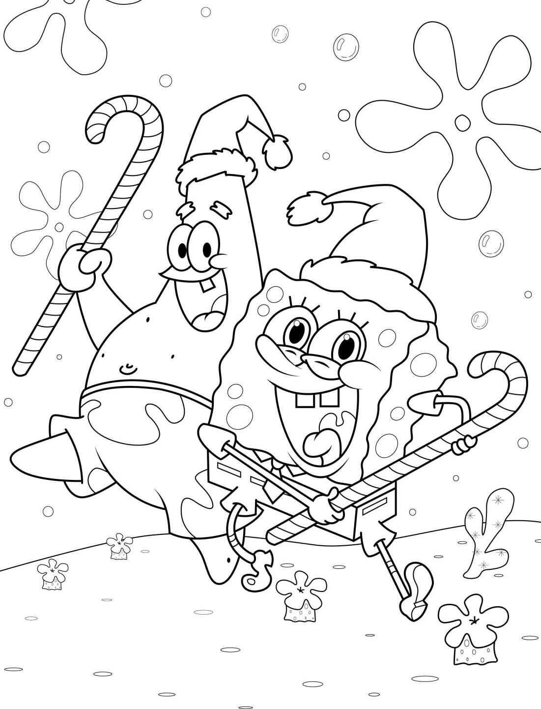 Desenho do Bob Esponja e Patrick com caniços para colorir