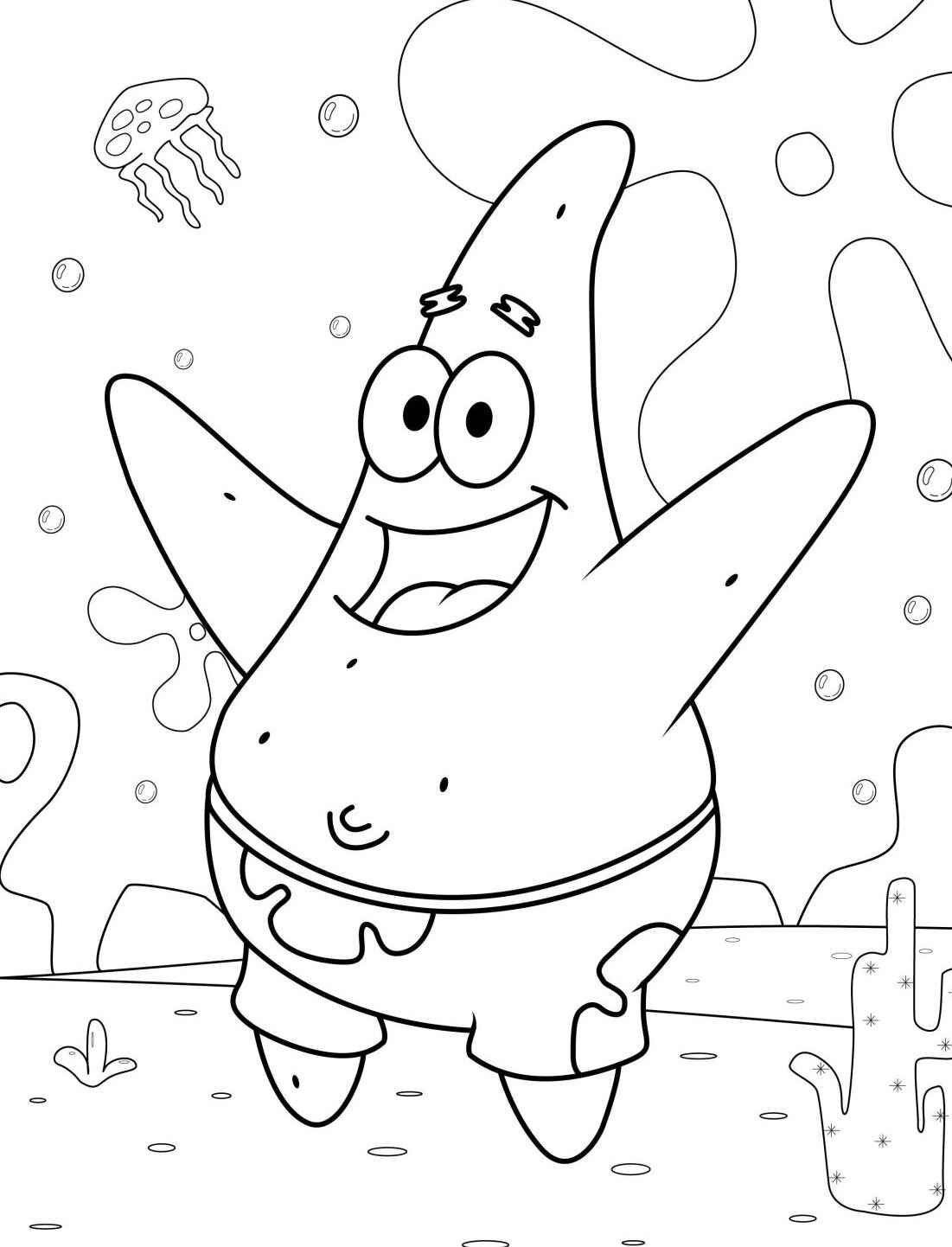Desenho do Patrick feliz no fundo do mar para colorir
