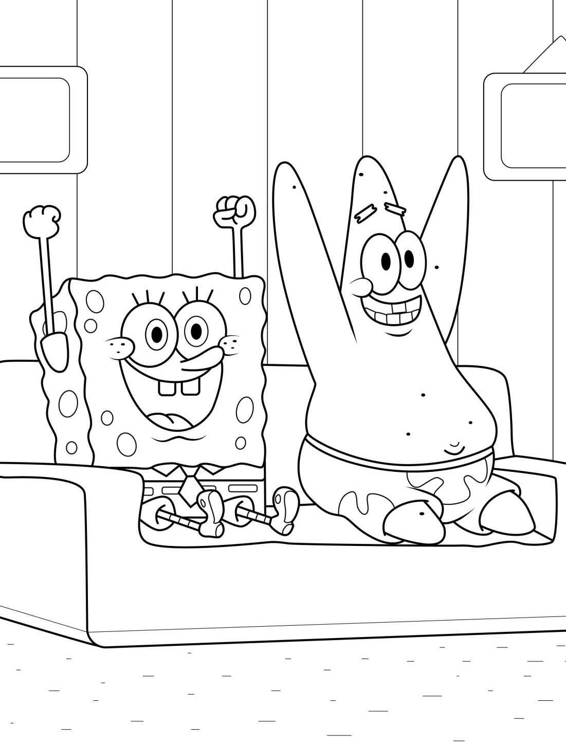 Desenho do Bob Esponja e Patrick felizes no sofá para colorir