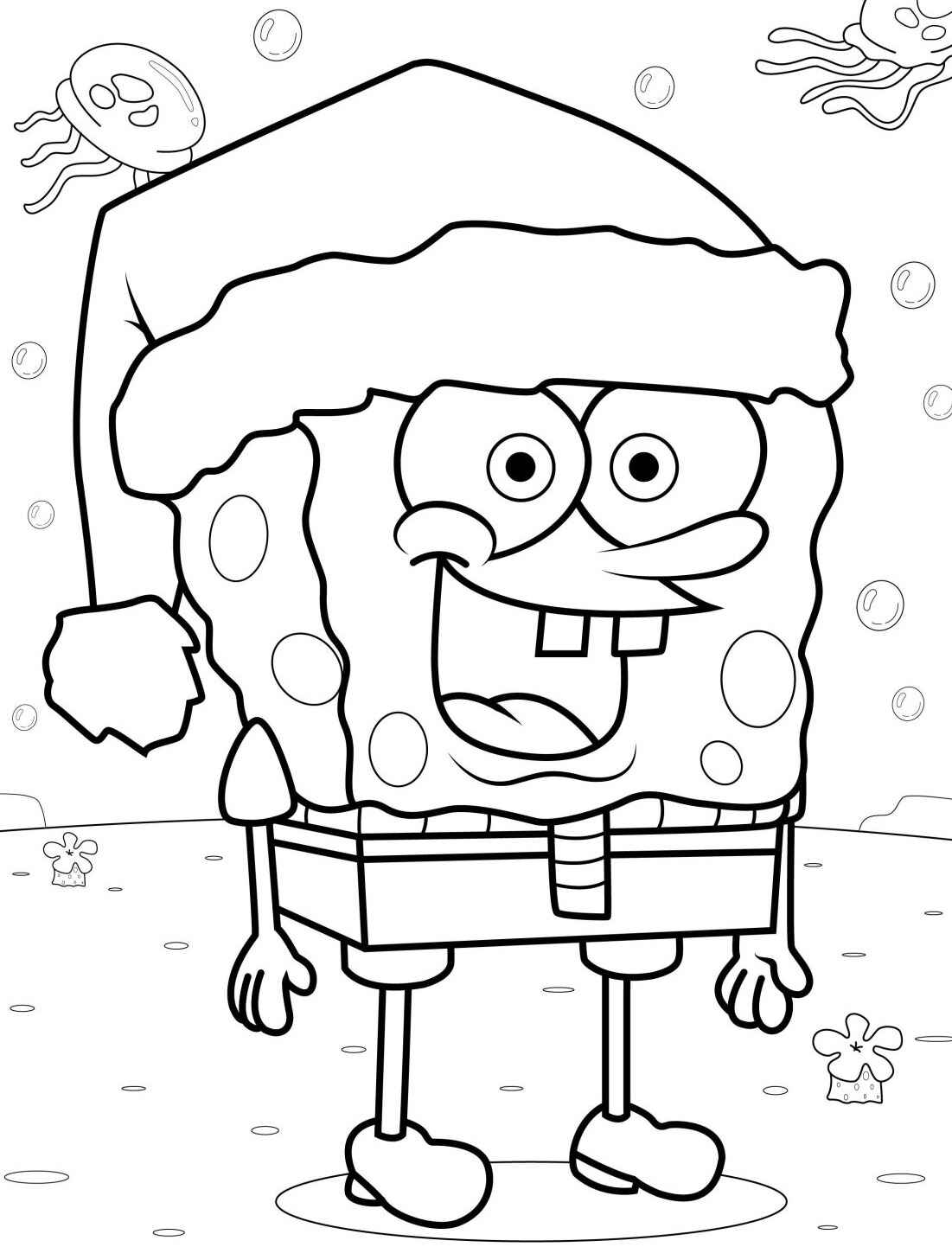 Desenho do Bob Esponja usando um gorro de natal para colorir