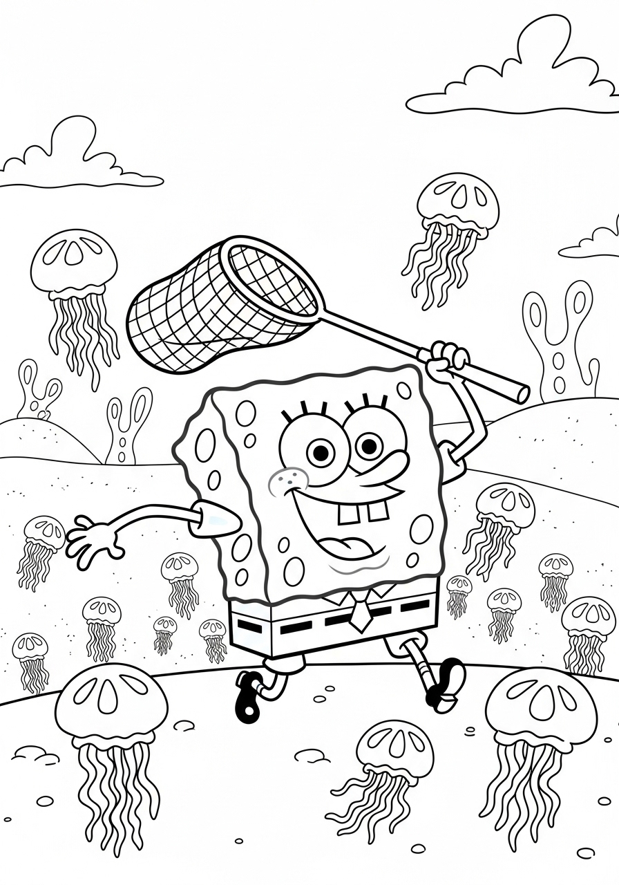 Desenho do Bob Esponja pegando águas-vivas para colorir