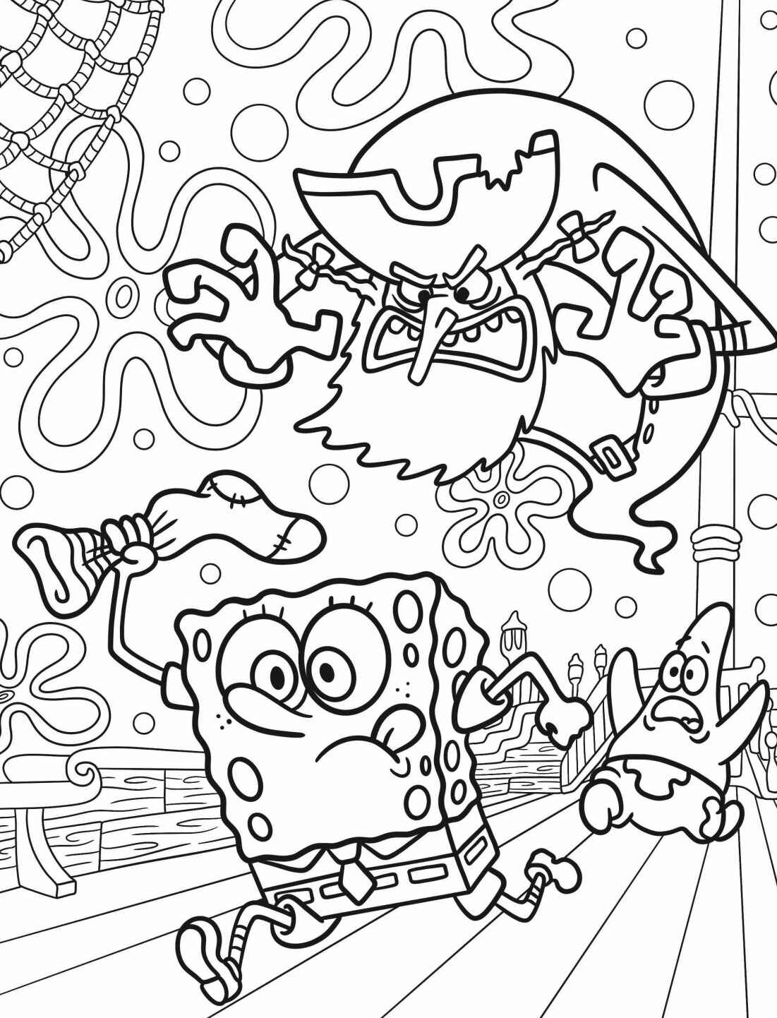 Desenho do Bob Esponja fugindo do Pirata para colorir