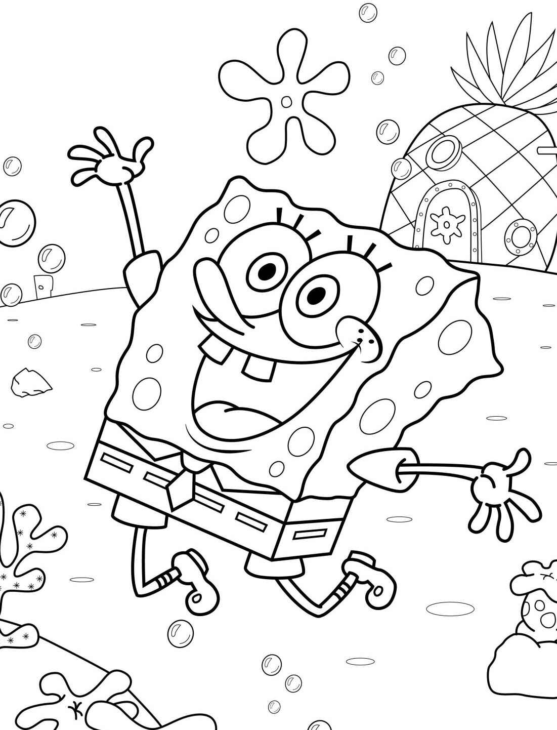 Desenho do Bob Esponja sorrindo e pulando para colorir