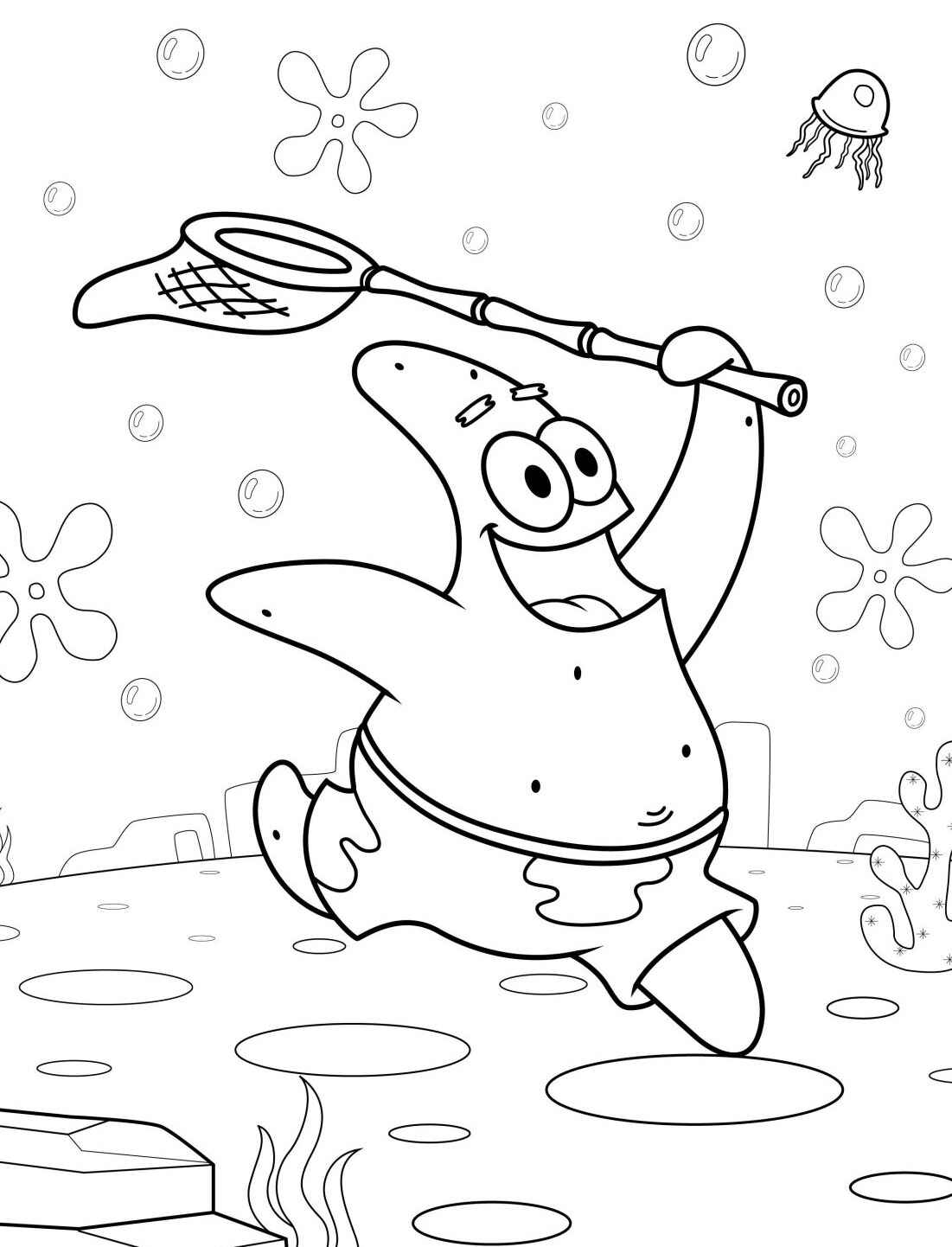 Desenho do Patrick segurando uma rede para colorir