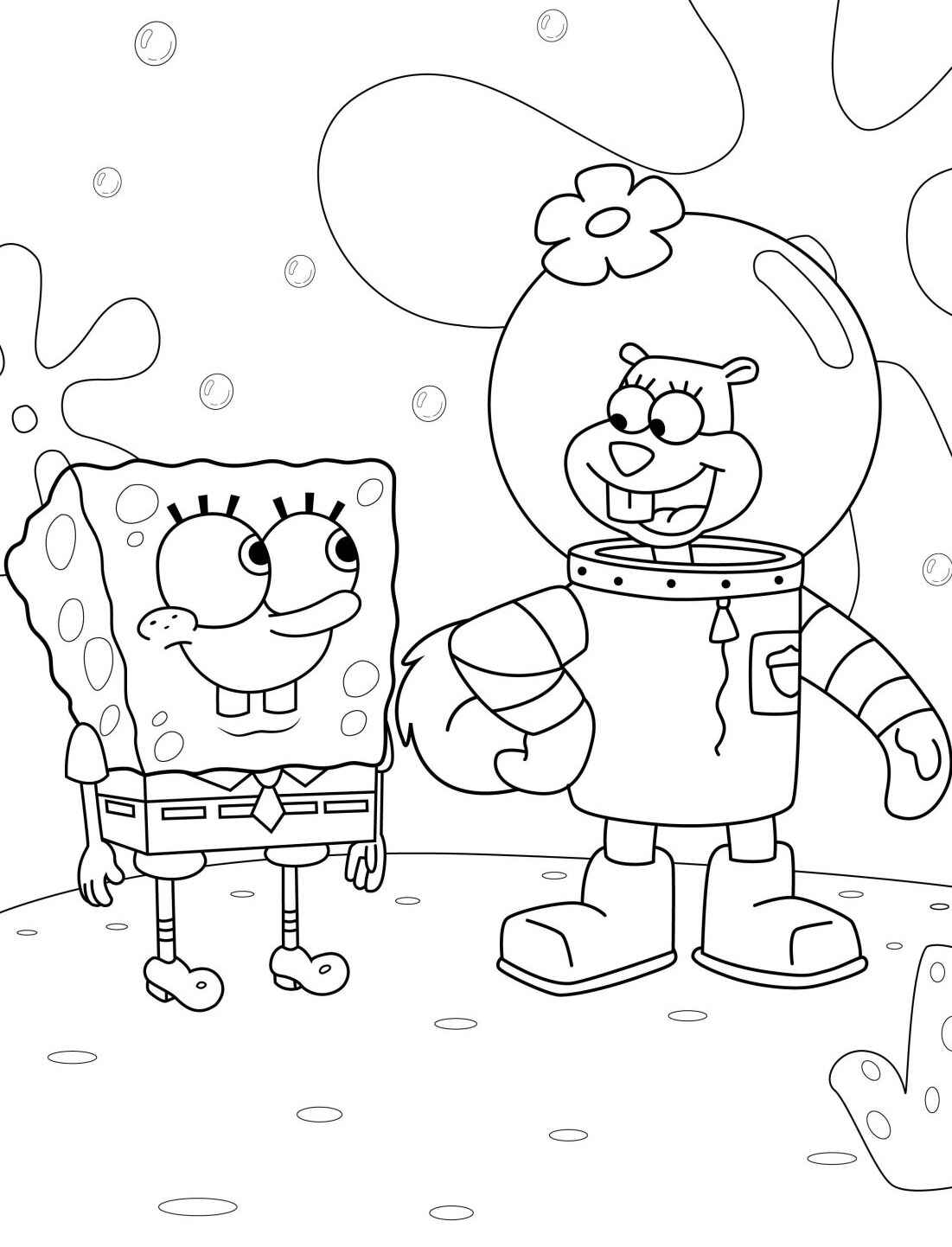 Desenho do Bob Esponja com a Sandy para colorir