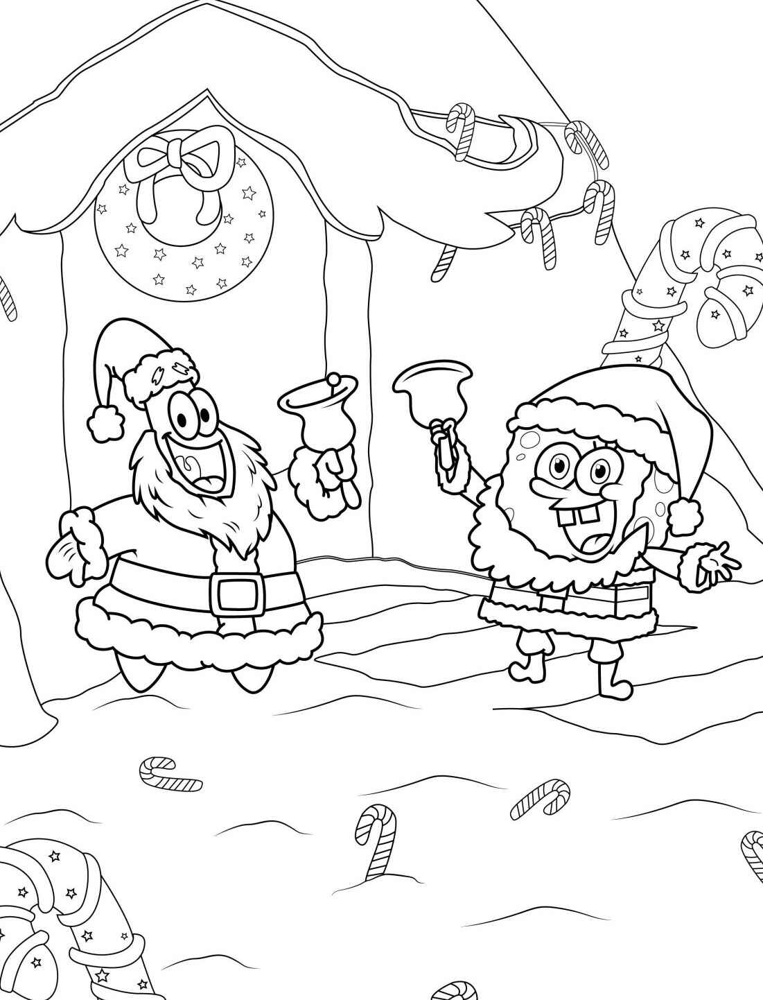 Desenho do Bob Esponja e do Patrick vestidos de Papai Noel