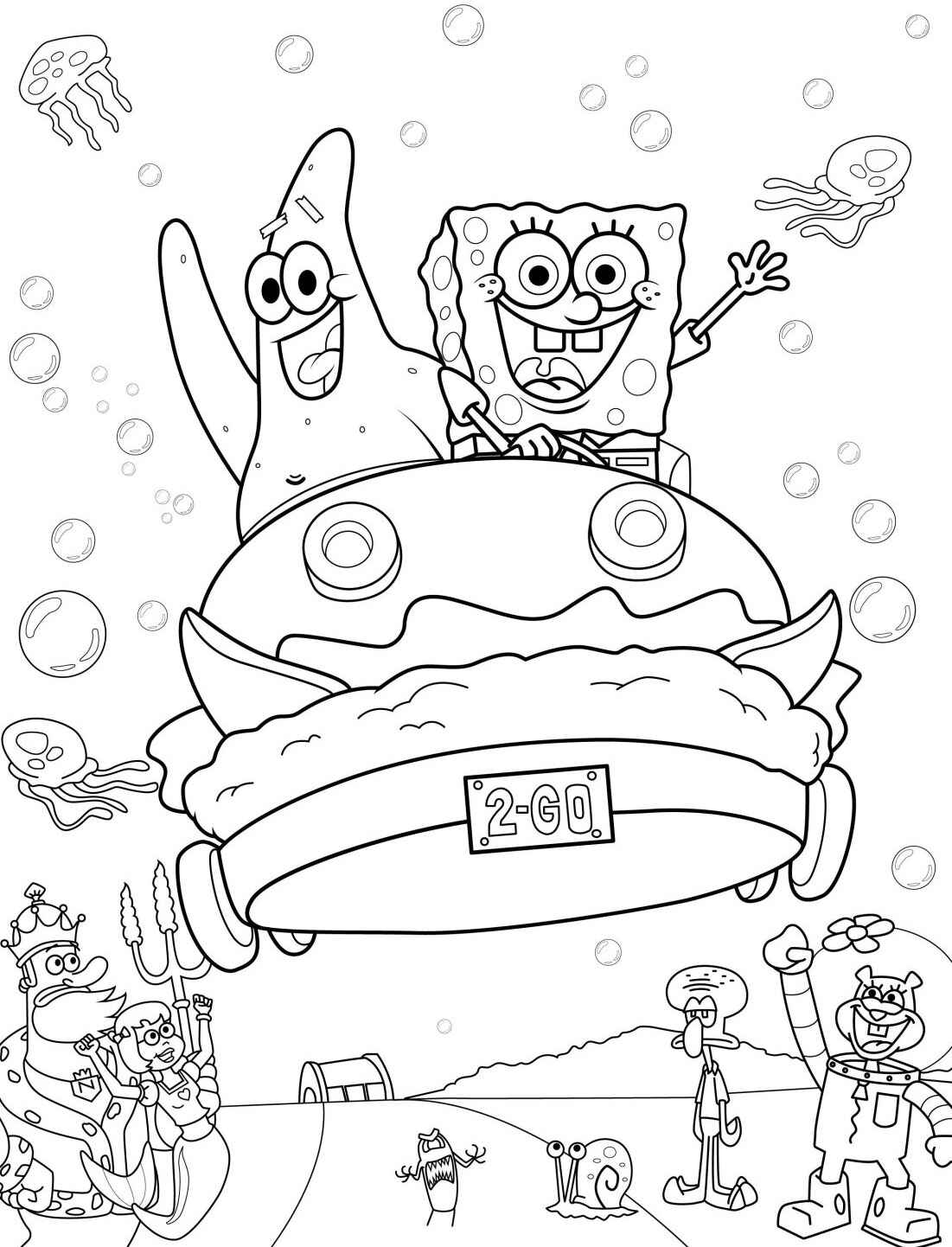 Desenho do Bob Esponja e Patrick dirigindo um carro para colorir