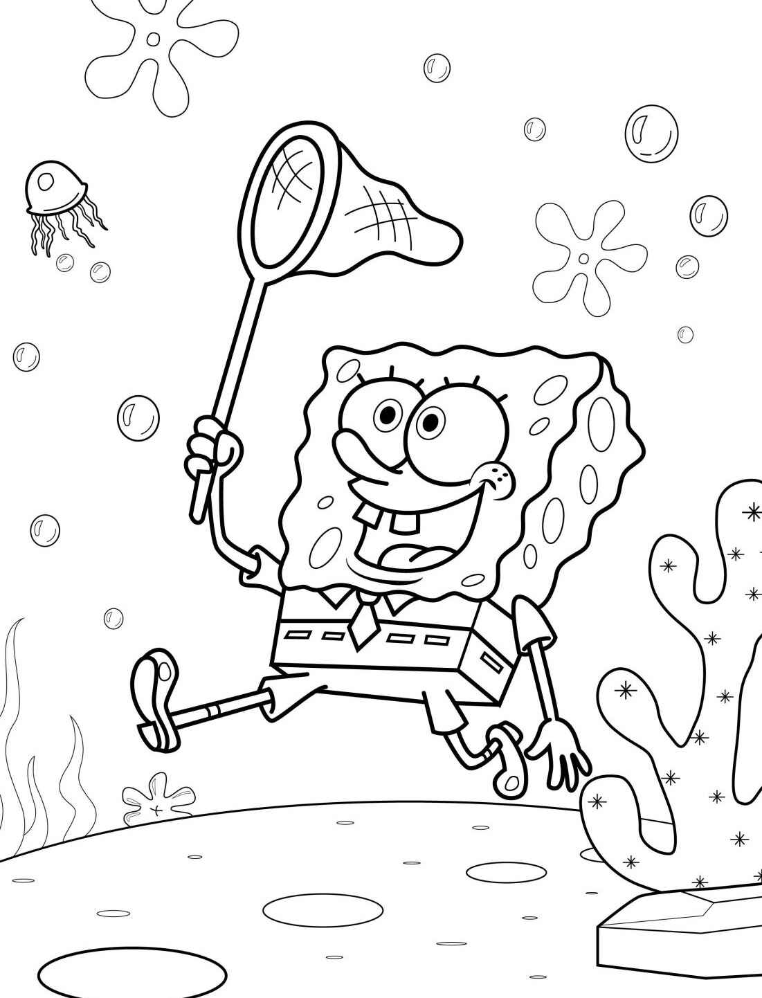 Desenho do Bob Esponja pegando a água viva para colorir