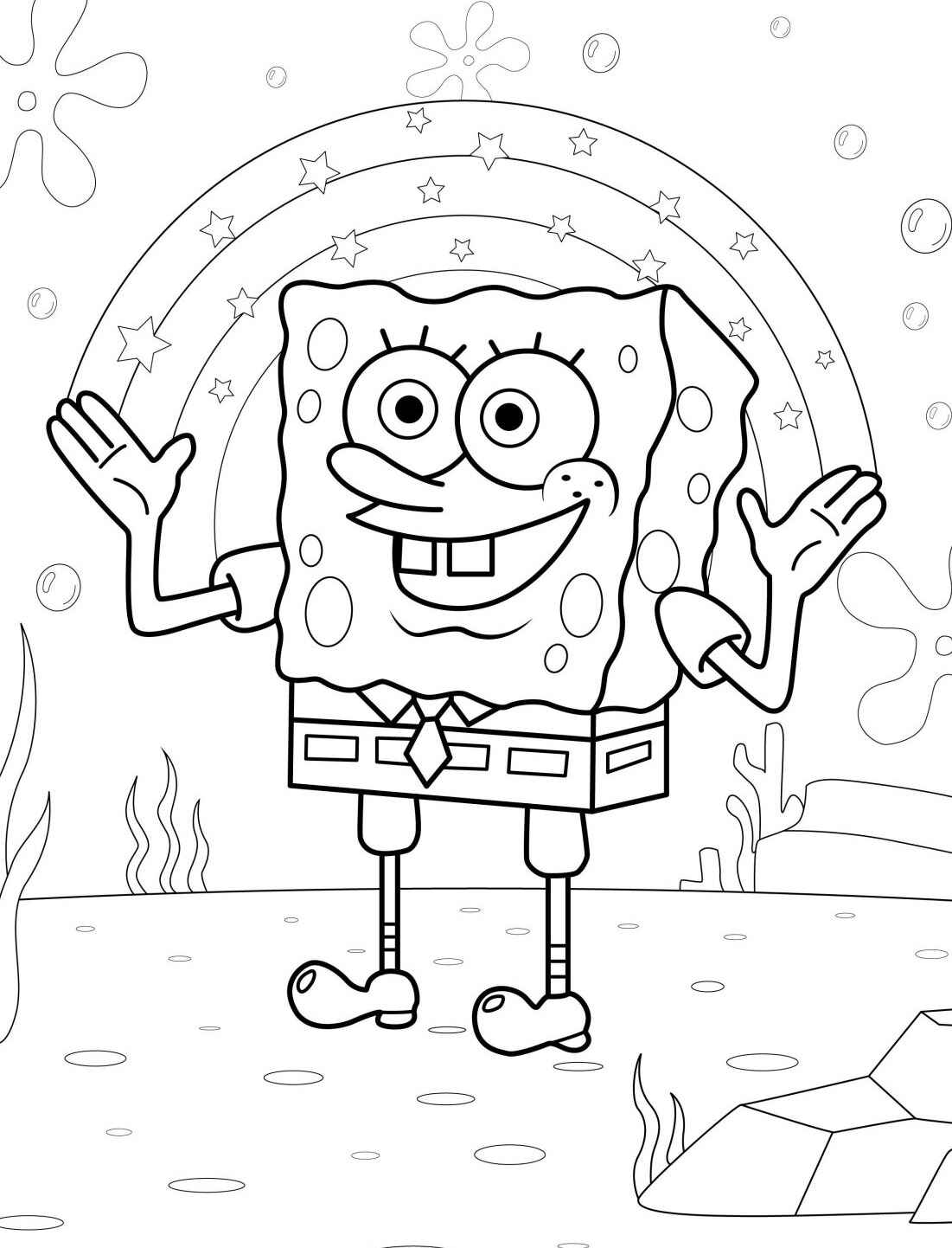 Desenho do Bob Esponja sorrindo com as mãos abertas para colorir
