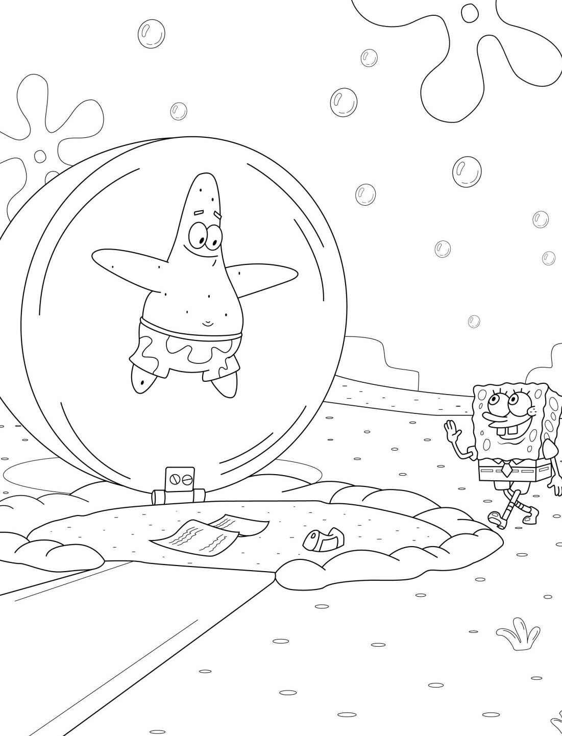 Desenho do Bob Esponja cumprimentando o Patrick na bolha