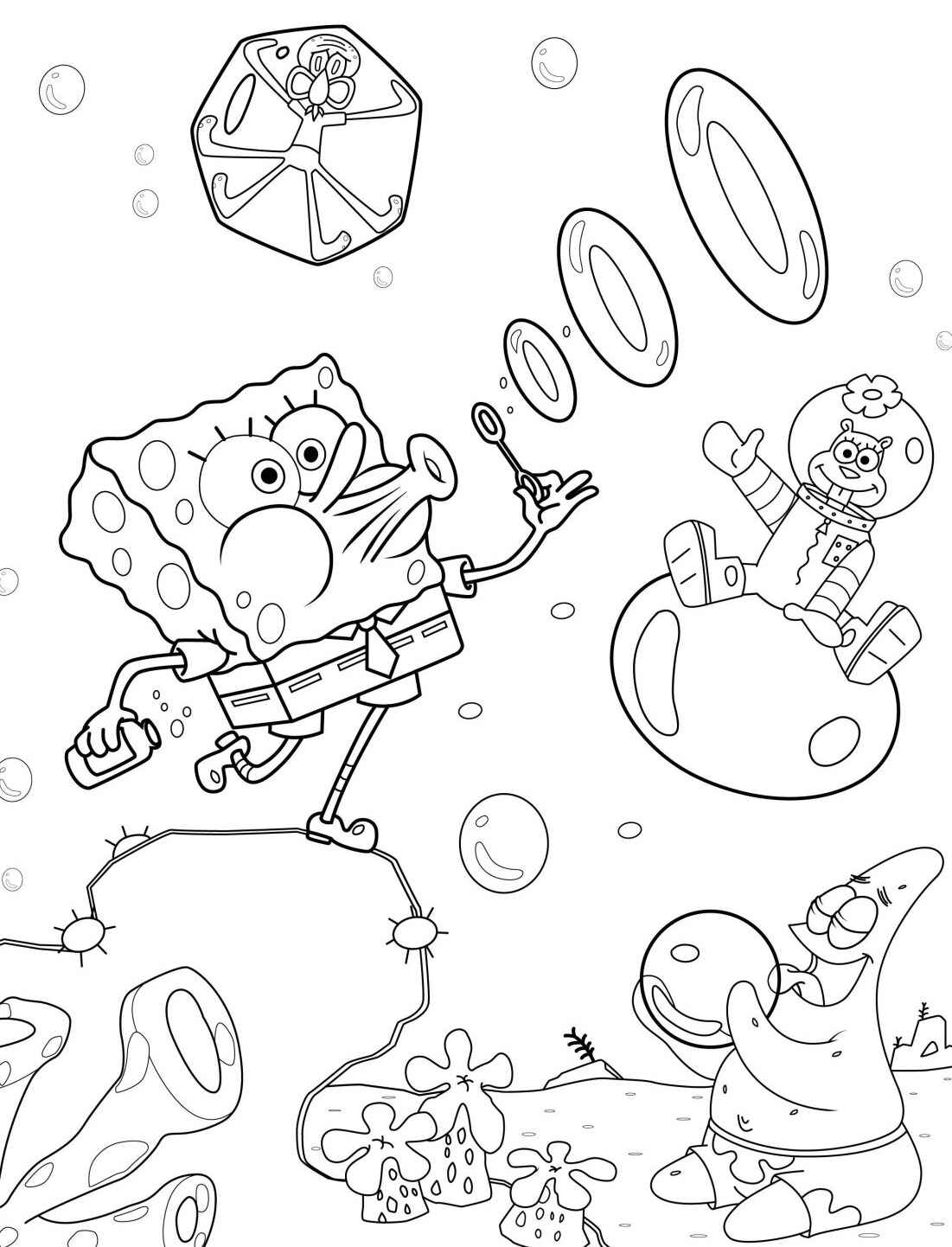 Desenho do Bob Esponja e Patrick em bolhas para colorir