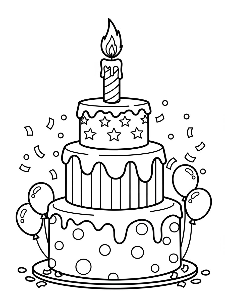 Desenho de Bolo decorado com velas e balões para colorir