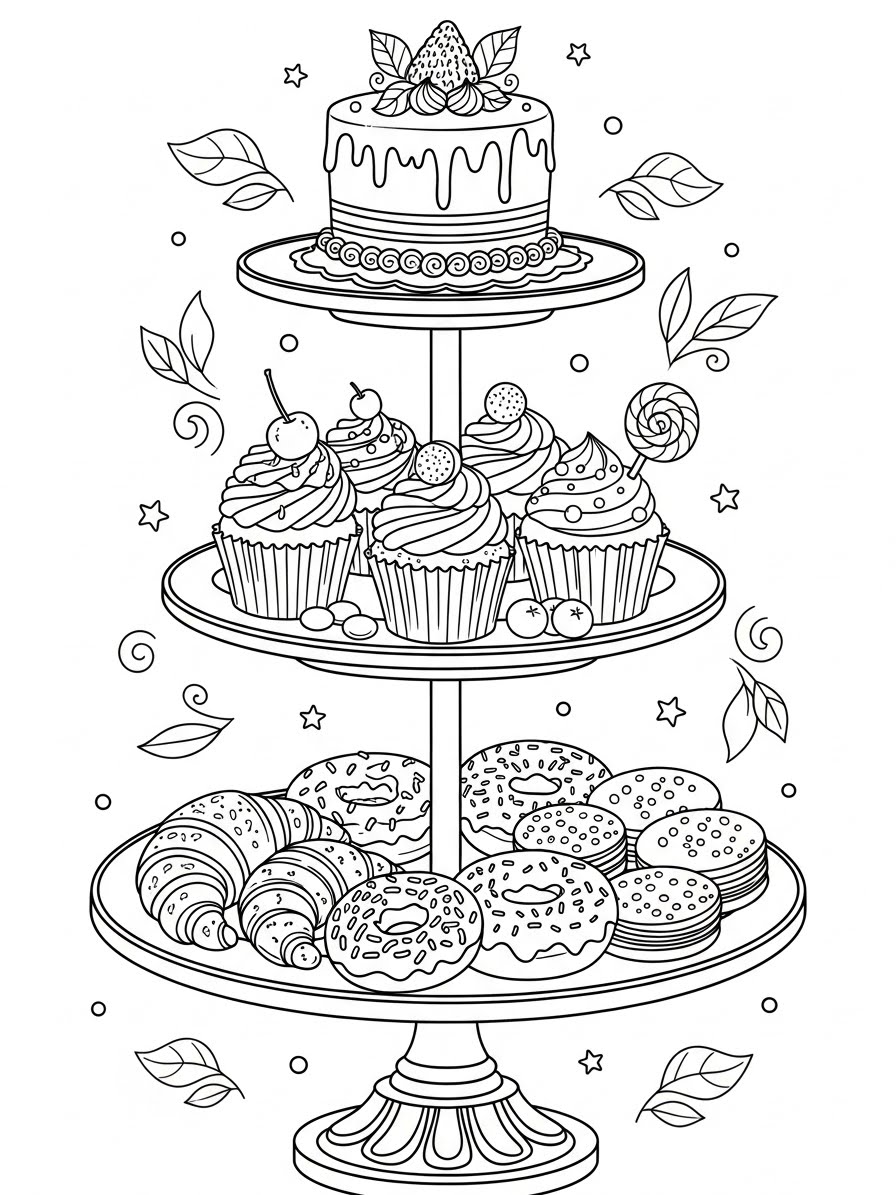 Desenho de Bolo em camadas com doces para colorir