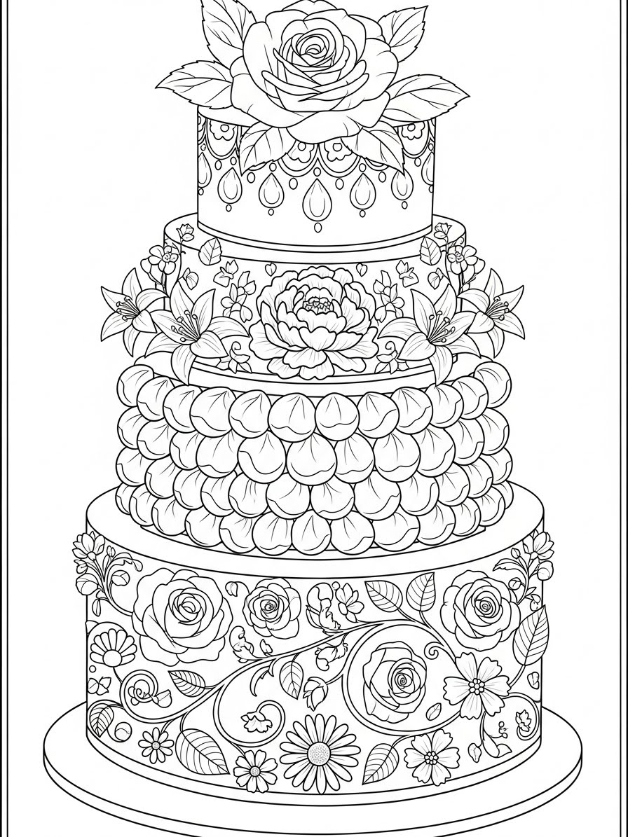 Desenho de Bolo decorado com flores para colorir