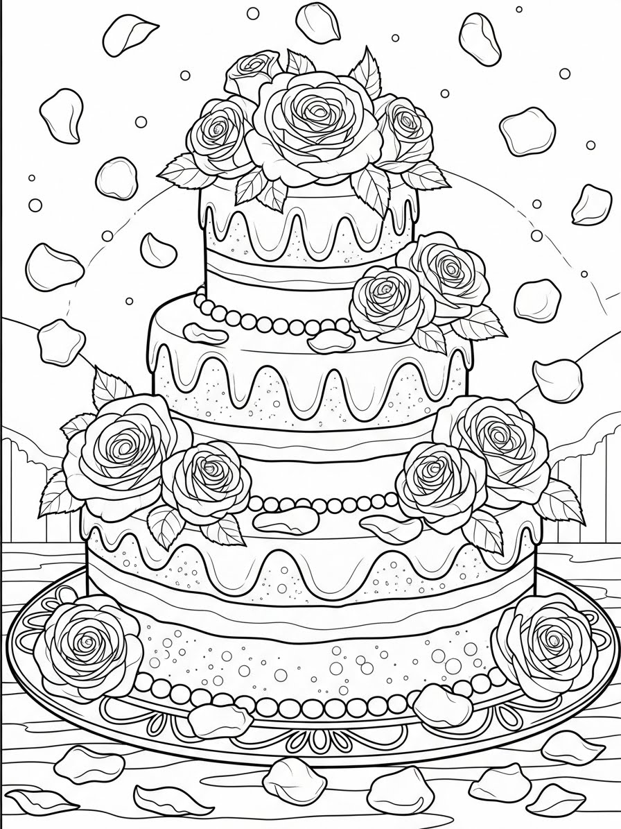 Desenho de Bolo de casamento com flores para colorir