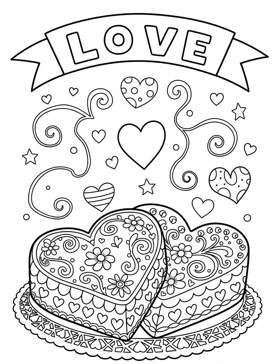 Desenho de Bolo em forma de coração para colorir