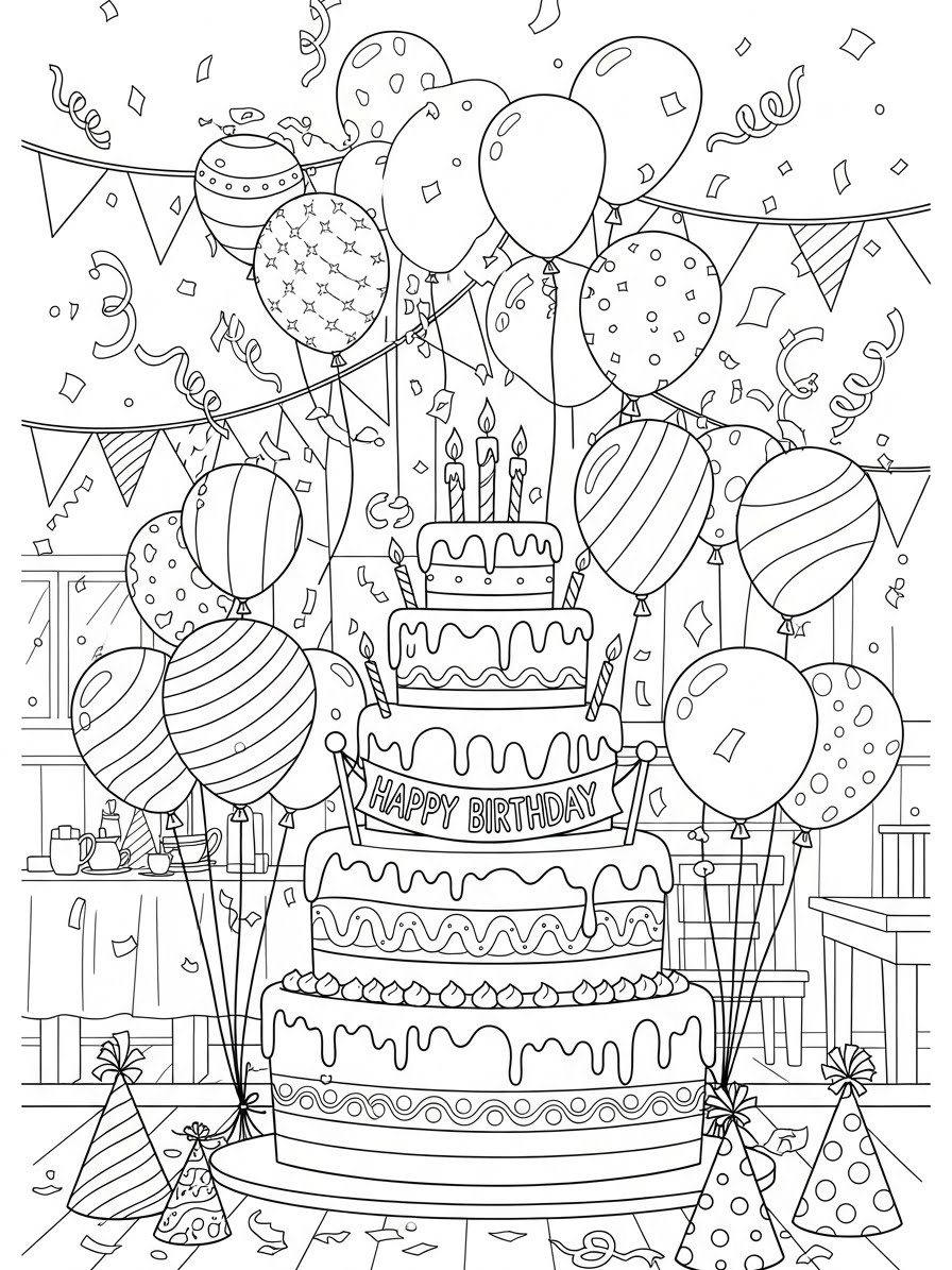 Desenho de Bolo de aniversário com balões para colorir