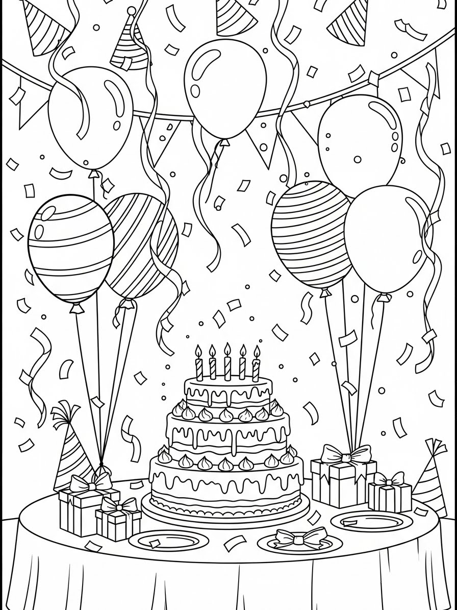 Desenho de Bolo de festa com balões para colorir