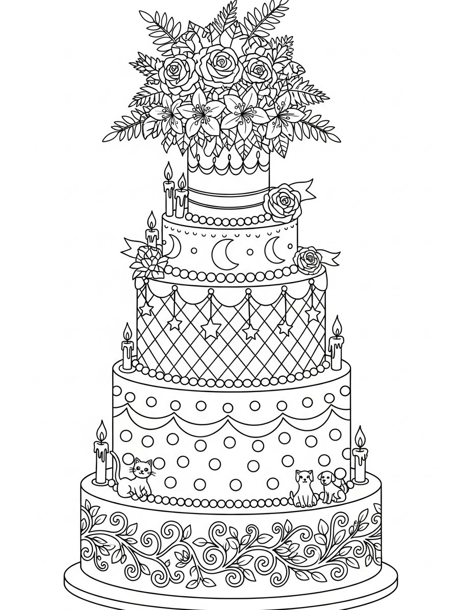 Desenho de Bolo de festa com flores e velas para colorir
