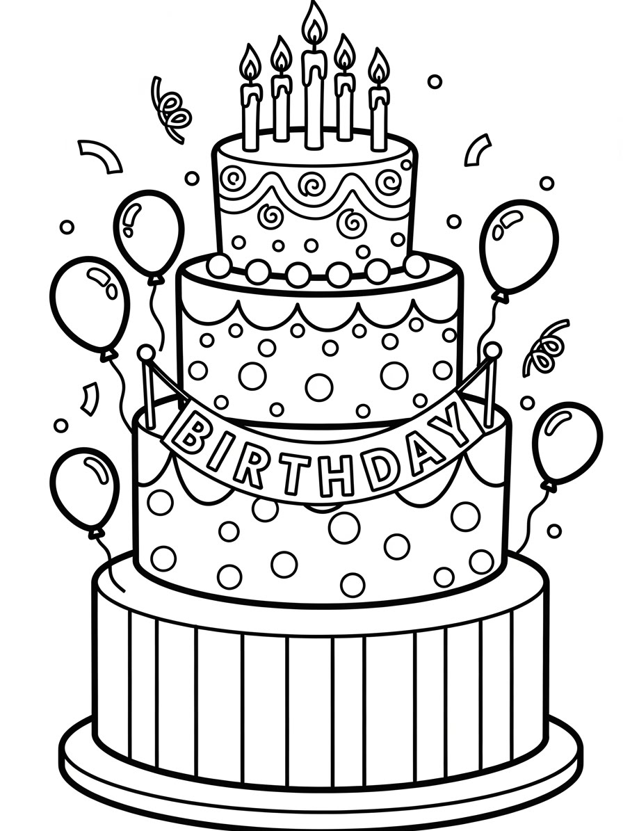 Desenho de Bolo de aniversário com velas e balões para colorir