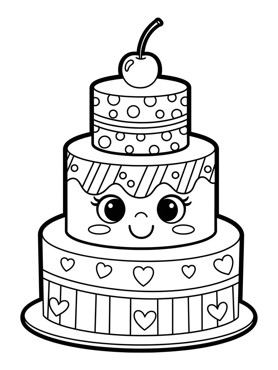 Desenho de Bolo fofo com camadas e cereja para colorir