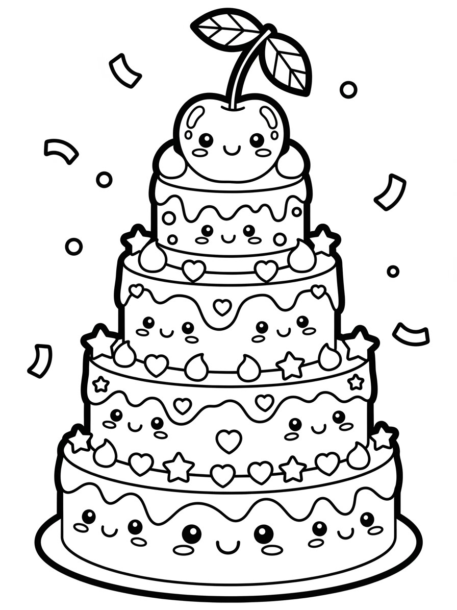 Desenho de Bolo de chocolate com corações e estrelas para colorir