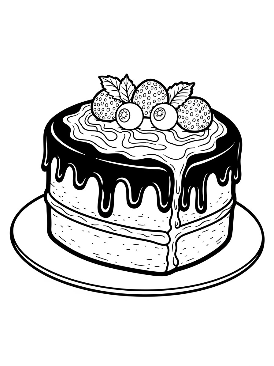 Desenho de Bolo com cobertura e frutas para colorir