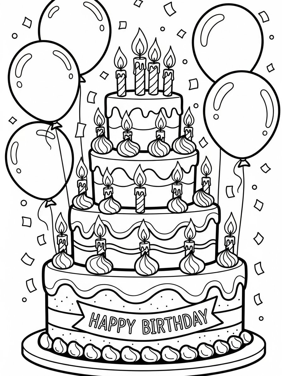 Desenho de Bolo de aniversário com balões e velas para colorir