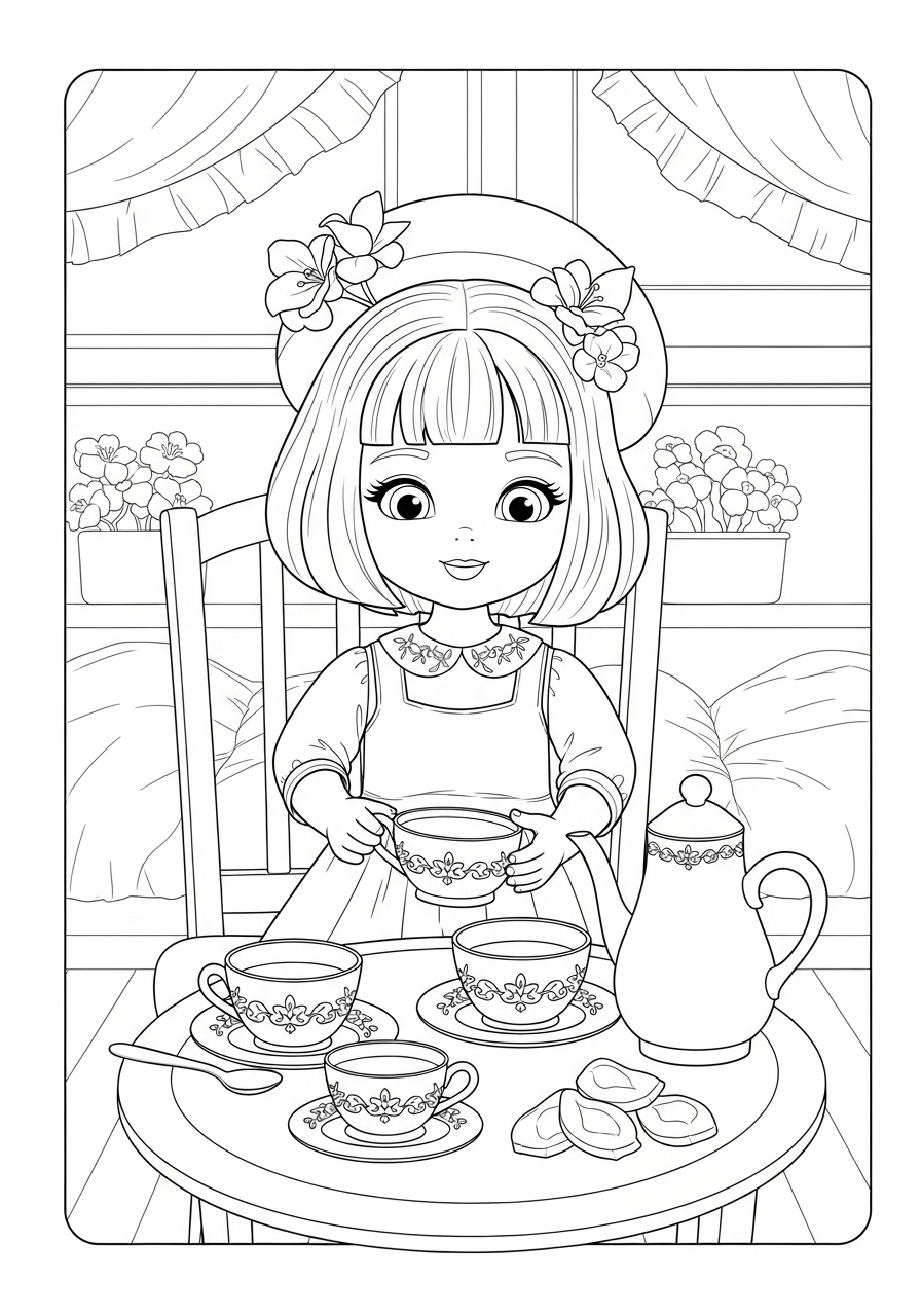 Desenho de Boneca Fofa tomando chá para colorir