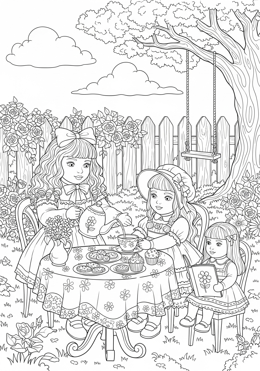 Desenho de Bonecas tomando chá em jardim para colorir