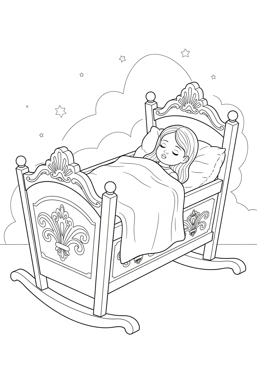Desenho de Boneca Dormindo em Berço para colorir
