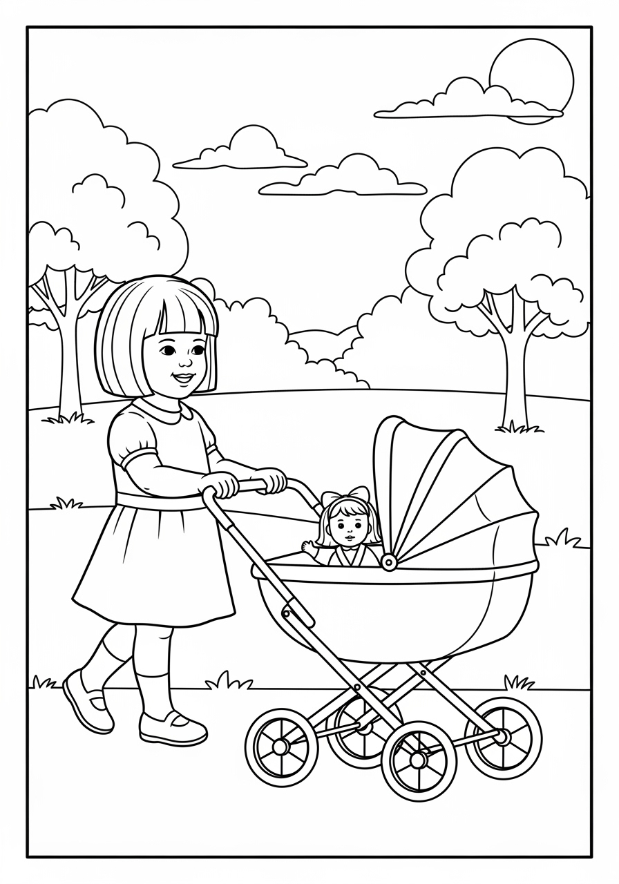 Desenho de menina com carrinho de boneca para colorir