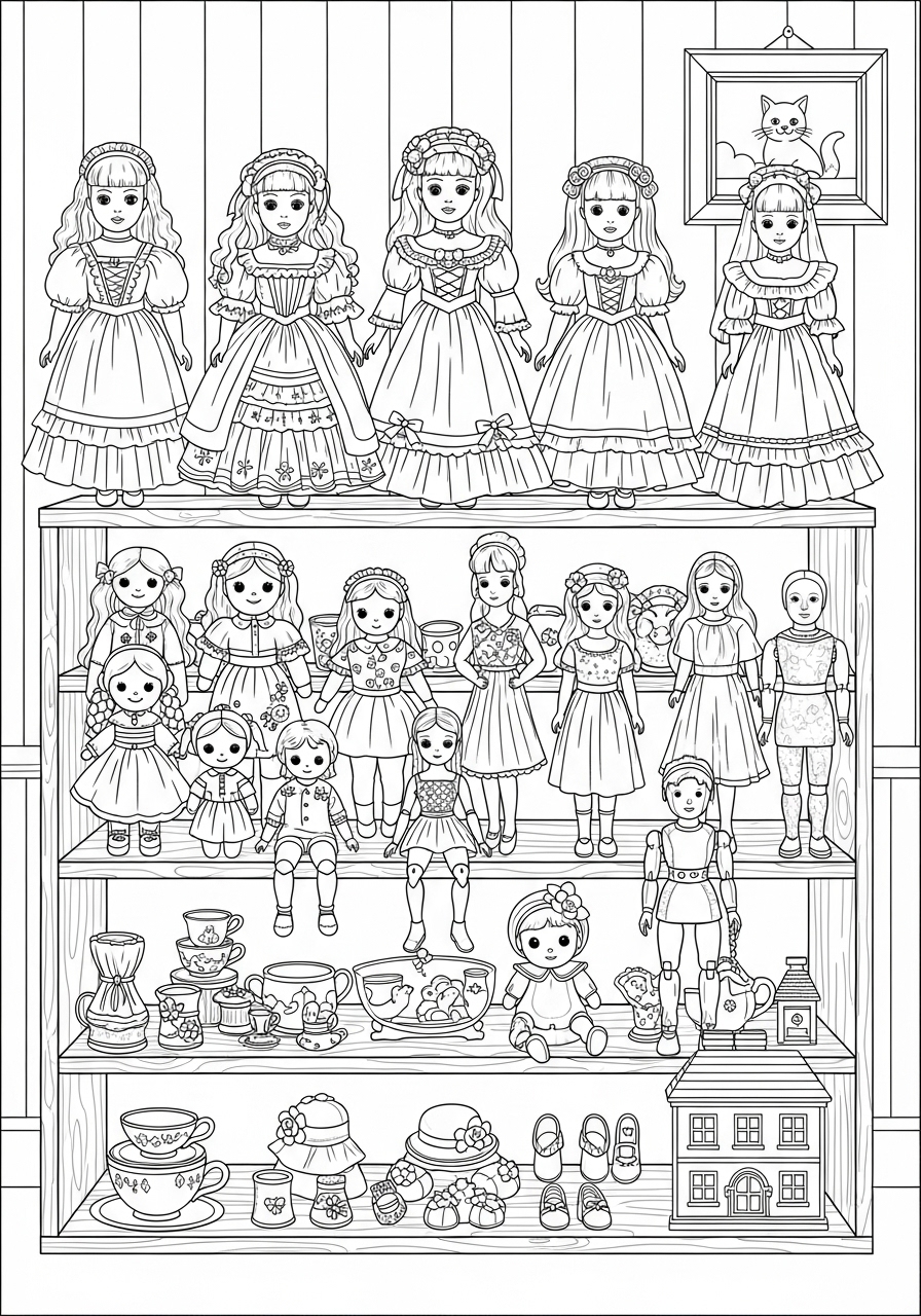 Desenho de Bonecas na prateleira para colorir