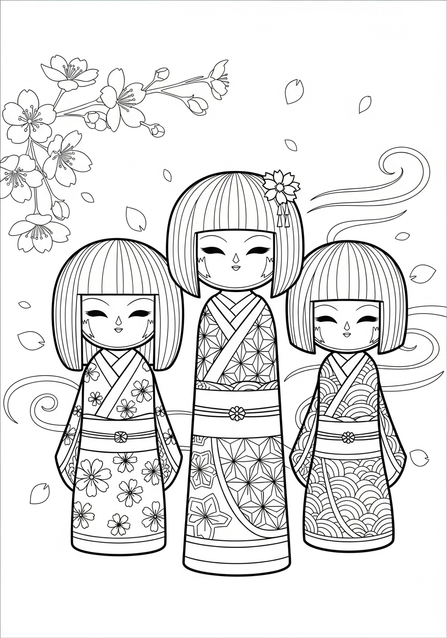 Desenho de Bonecas Japonesas em trajes tradicionais