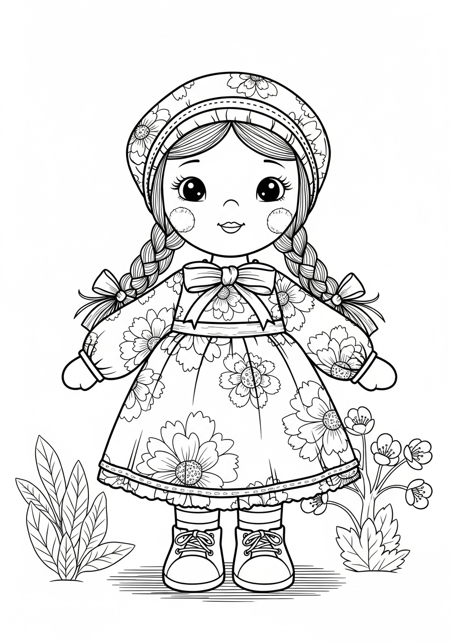 Desenho de boneca fofa com vestido para colorir