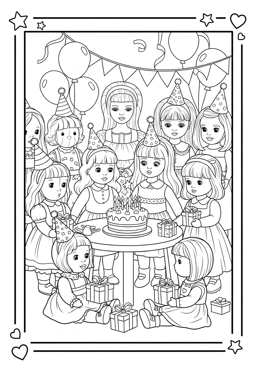 Desenho de bonecas fofas em festa de aniversário para colorir