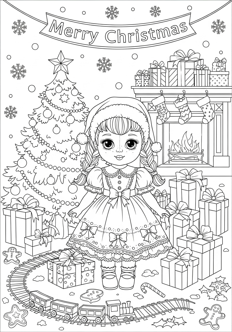 Desenho de Boneca de Natal com presentes para colorir